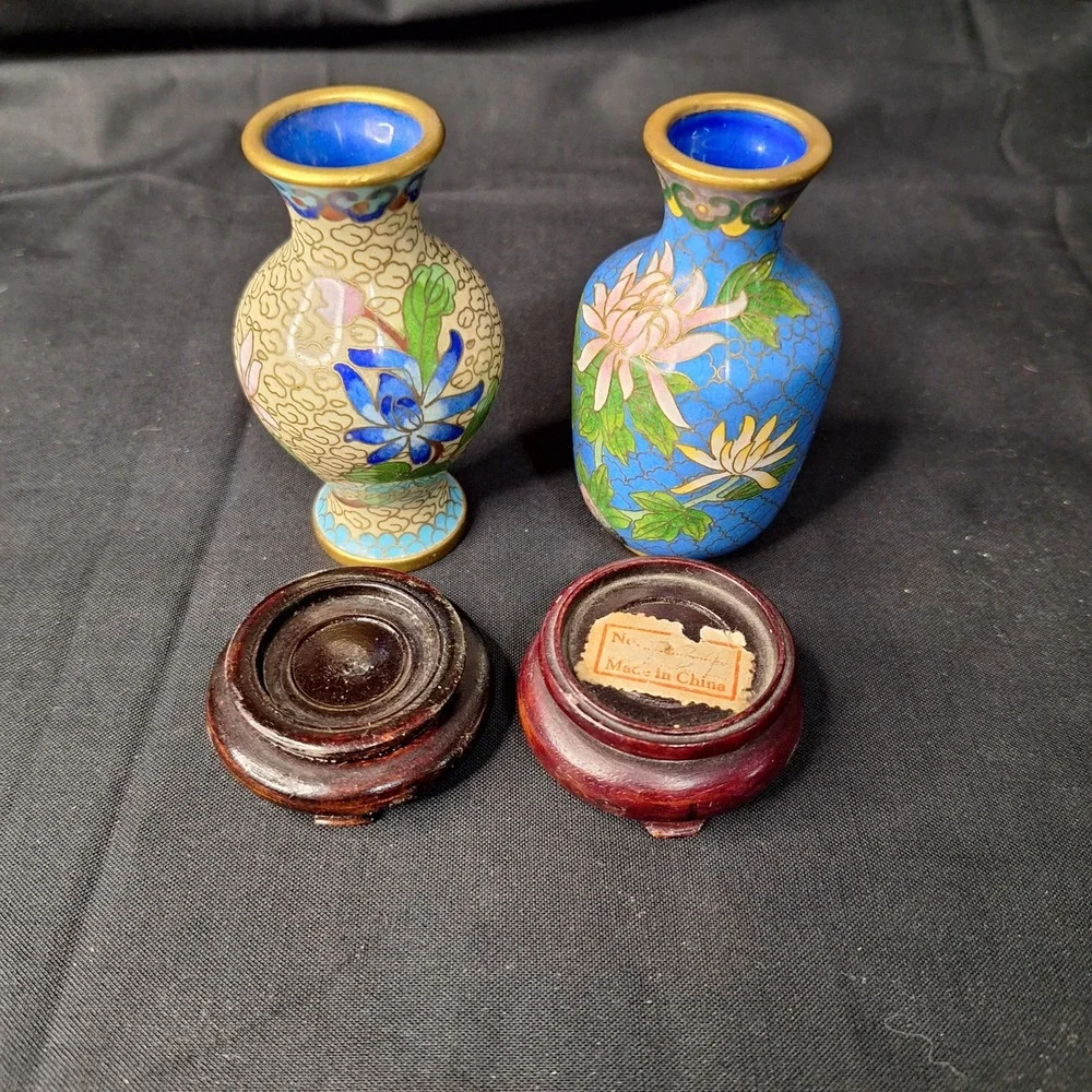 Vintage Pair of‎ Chinese Cloisonne Enamel Miniature Floral Vases Blue & Cream